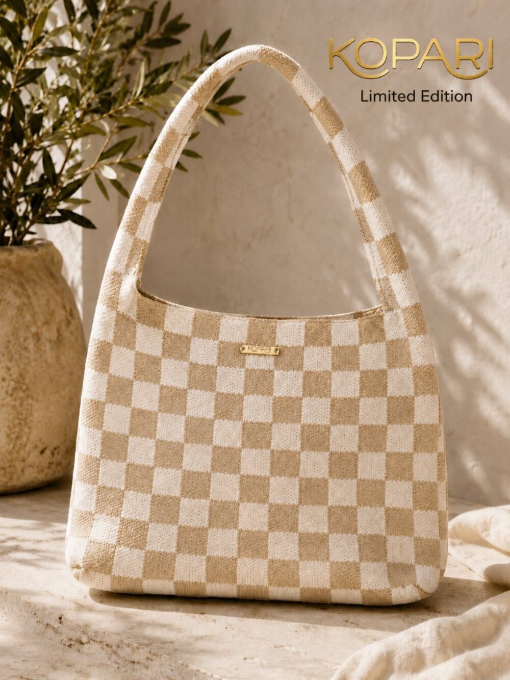 NEW Kopari Limited Edition Checkered Knit Tote Cream Tan Resort Shoulder Bag